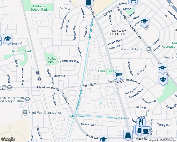 map of restaurants, bars, coffee shops, grocery stores, and more near 4050 Weymouth Lane in Sacramento