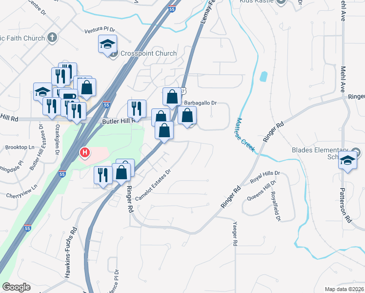 map of restaurants, bars, coffee shops, grocery stores, and more near 4032 Nottingham Estates Drive in St. Louis