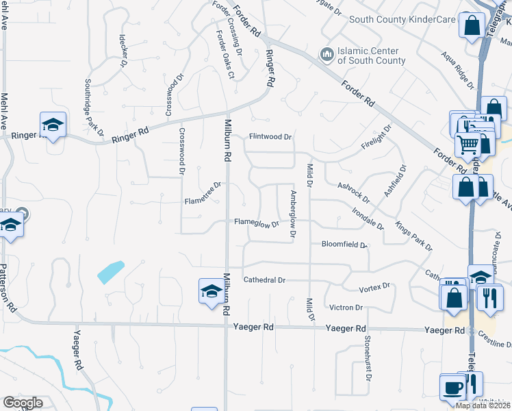 map of restaurants, bars, coffee shops, grocery stores, and more near 5153 Harthlodge Dr in St Louis