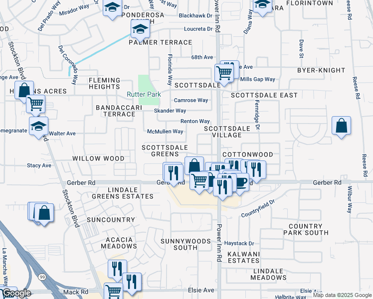 map of restaurants, bars, coffee shops, grocery stores, and more near 7813 Macfadden Drive in Sacramento