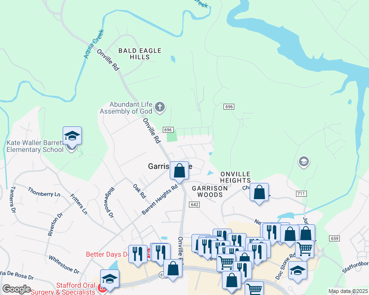 map of restaurants, bars, coffee shops, grocery stores, and more near 101 Scattered Pines Lane in Stafford