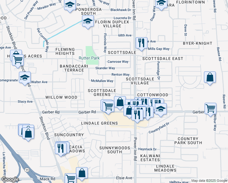 map of restaurants, bars, coffee shops, grocery stores, and more near 7813 Macfadden Drive in Sacramento