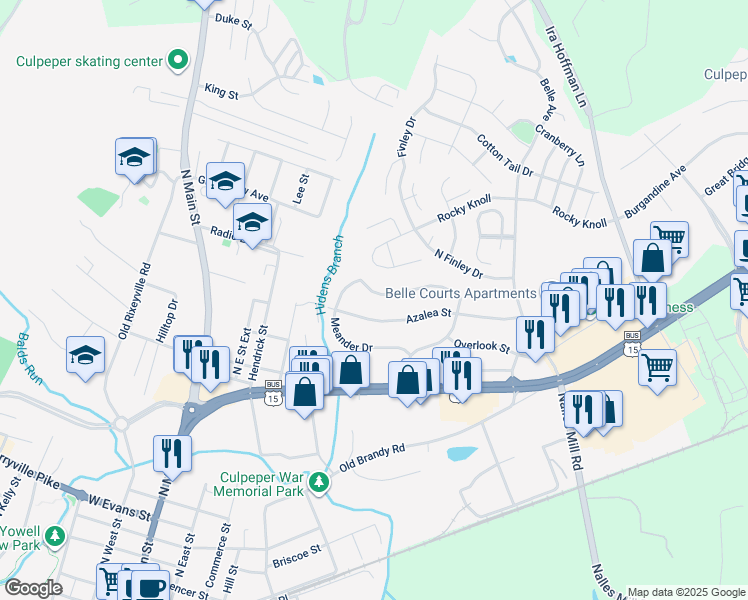 map of restaurants, bars, coffee shops, grocery stores, and more near 411 Barberry Street in Culpeper