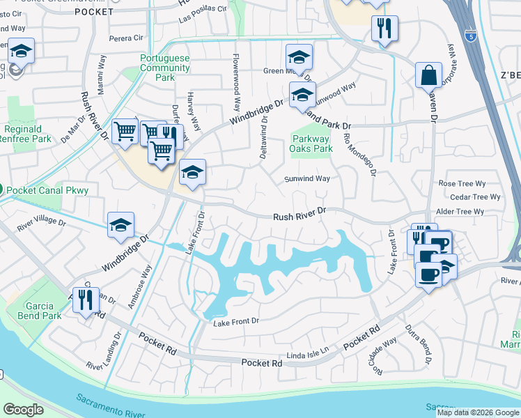 map of restaurants, bars, coffee shops, grocery stores, and more near 7707 Rush River Drive in Sacramento