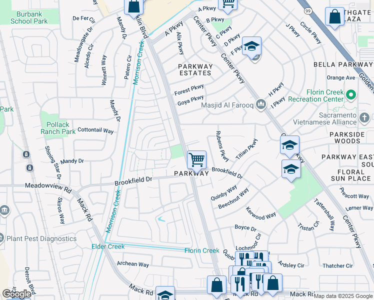 map of restaurants, bars, coffee shops, grocery stores, and more near 7527 Franklin Boulevard in Sacramento
