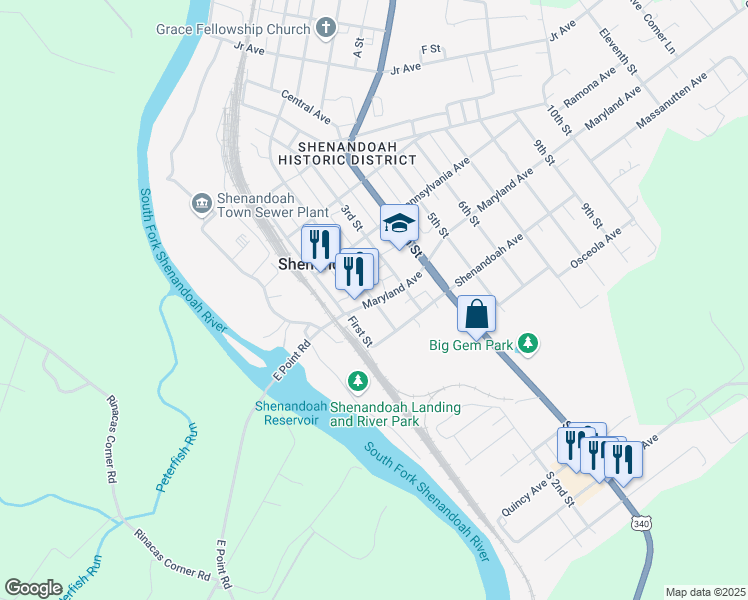 map of restaurants, bars, coffee shops, grocery stores, and more near 201 Maryland Avenue in Shenandoah