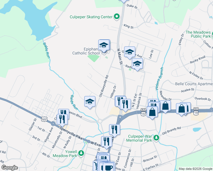 map of restaurants, bars, coffee shops, grocery stores, and more near 1009 Terrace Street in Culpeper