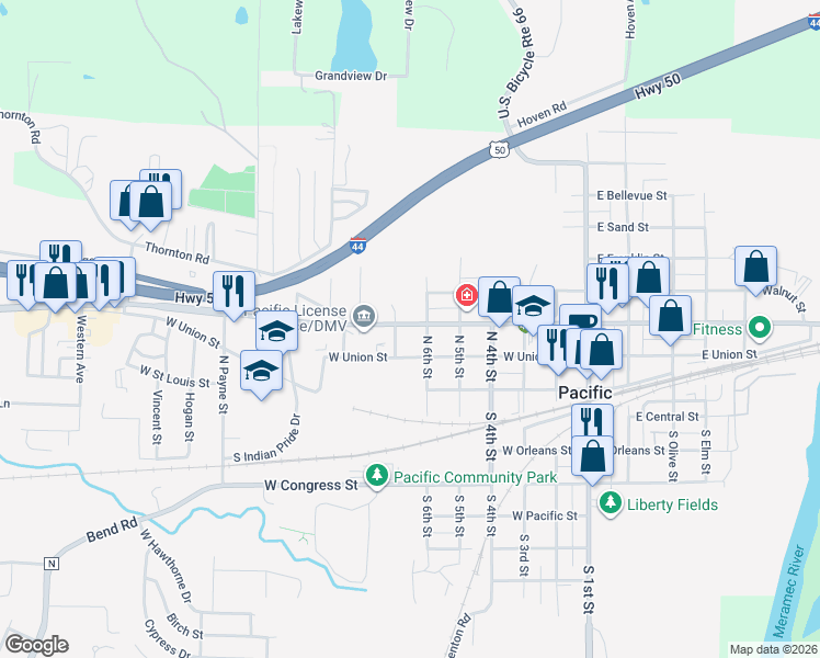 map of restaurants, bars, coffee shops, grocery stores, and more near 610 West Osage Street in Pacific
