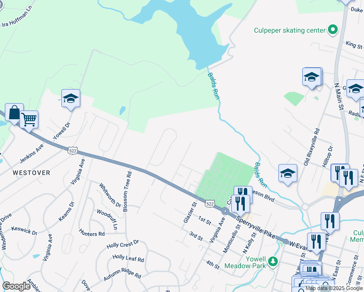 map of restaurants, bars, coffee shops, grocery stores, and more near 840 Aspen Street in Culpeper