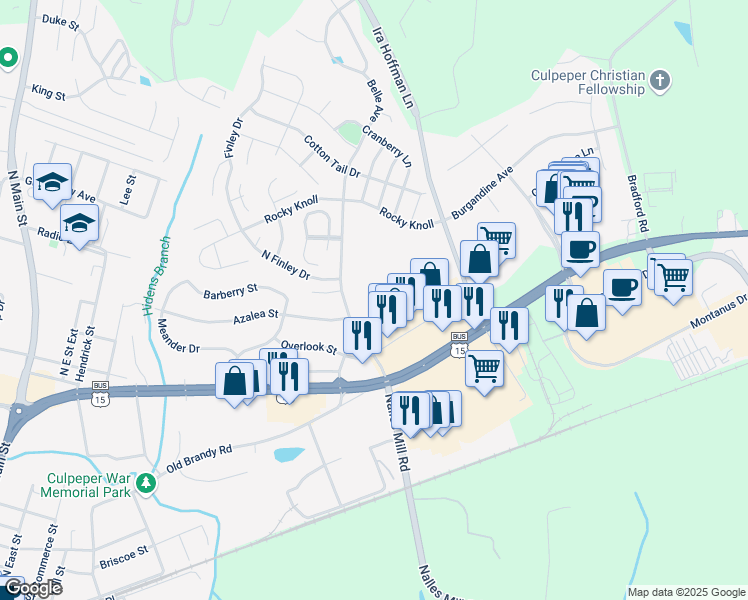 map of restaurants, bars, coffee shops, grocery stores, and more near 724 Belle Court in Culpeper