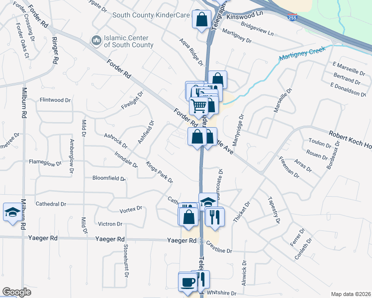 map of restaurants, bars, coffee shops, grocery stores, and more near 4472 El Paulo Court in St. Louis