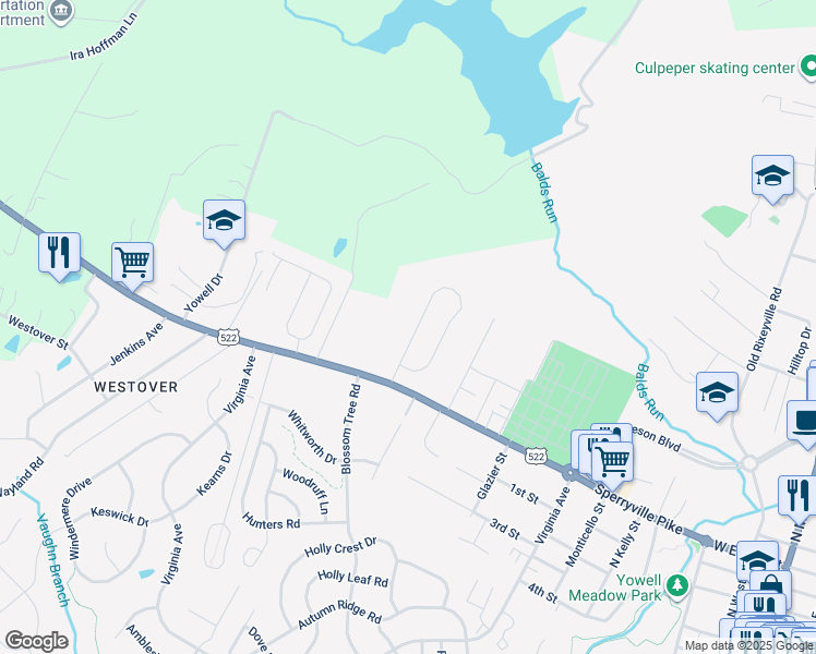 map of restaurants, bars, coffee shops, grocery stores, and more near 828 North Aspen Street in Culpeper