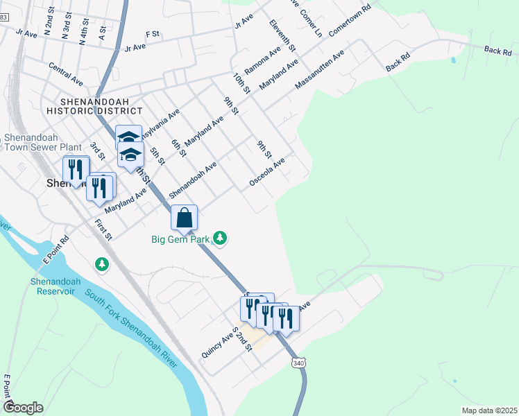 map of restaurants, bars, coffee shops, grocery stores, and more near 818 7th Street in Shenandoah
