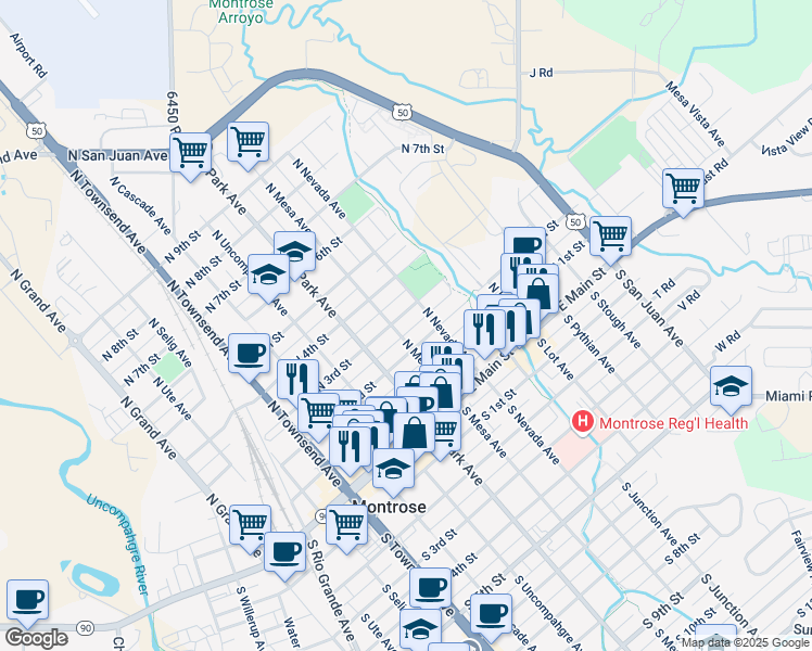 map of restaurants, bars, coffee shops, grocery stores, and more near 712 N 3rd St in Montrose