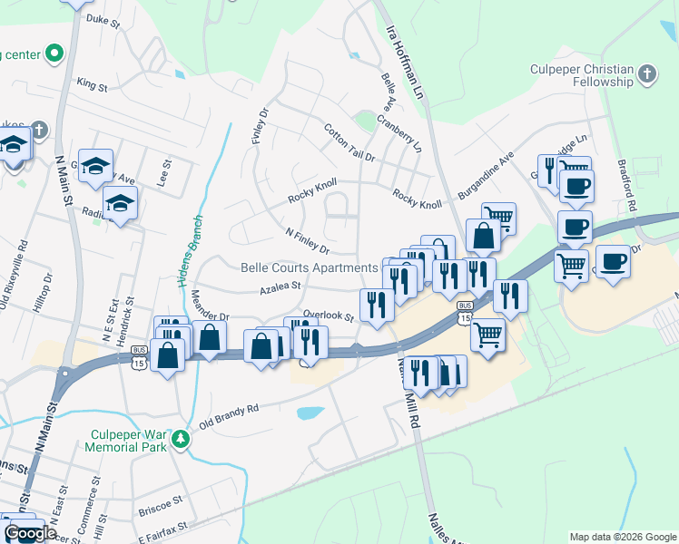 map of restaurants, bars, coffee shops, grocery stores, and more near 515 Hitt Court in Culpeper