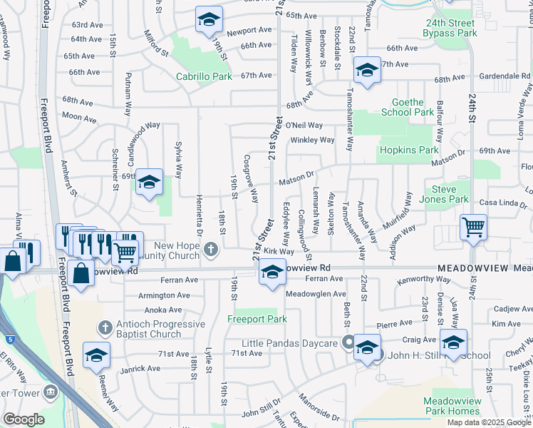 map of restaurants, bars, coffee shops, grocery stores, and more near 7530 21st Street in Sacramento