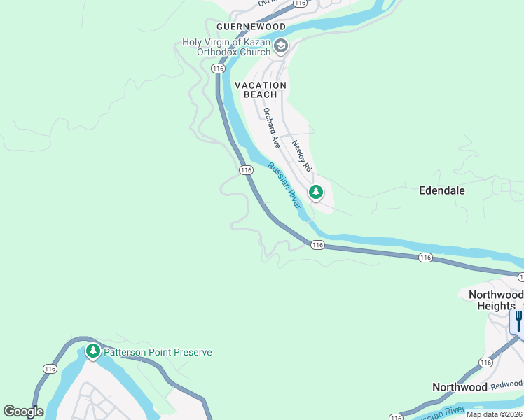 map of restaurants, bars, coffee shops, grocery stores, and more near 18198 California 116 in Guerneville