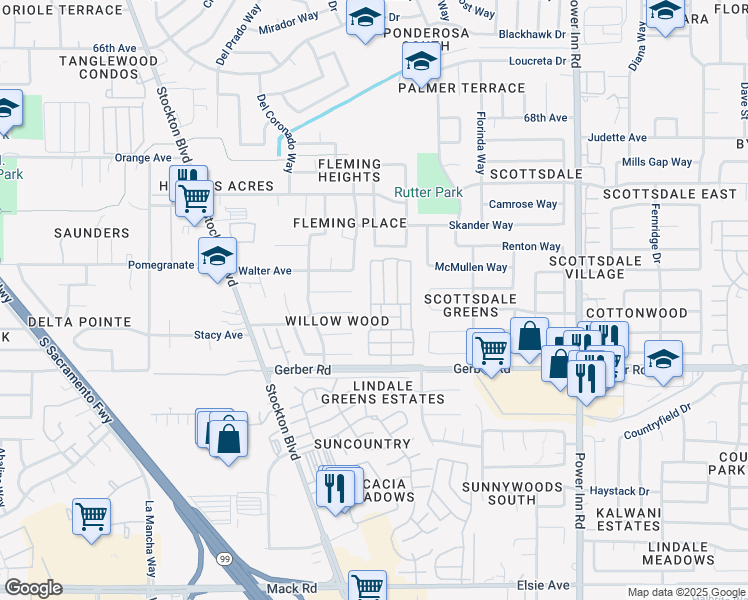 map of restaurants, bars, coffee shops, grocery stores, and more near 7451 Albezzia Lane in Sacramento