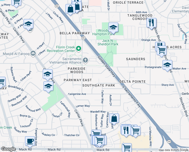 map of restaurants, bars, coffee shops, grocery stores, and more near 7535 Glendora Court in Sacramento