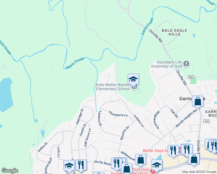 map of restaurants, bars, coffee shops, grocery stores, and more near 435 Oakridge Drive in Stafford