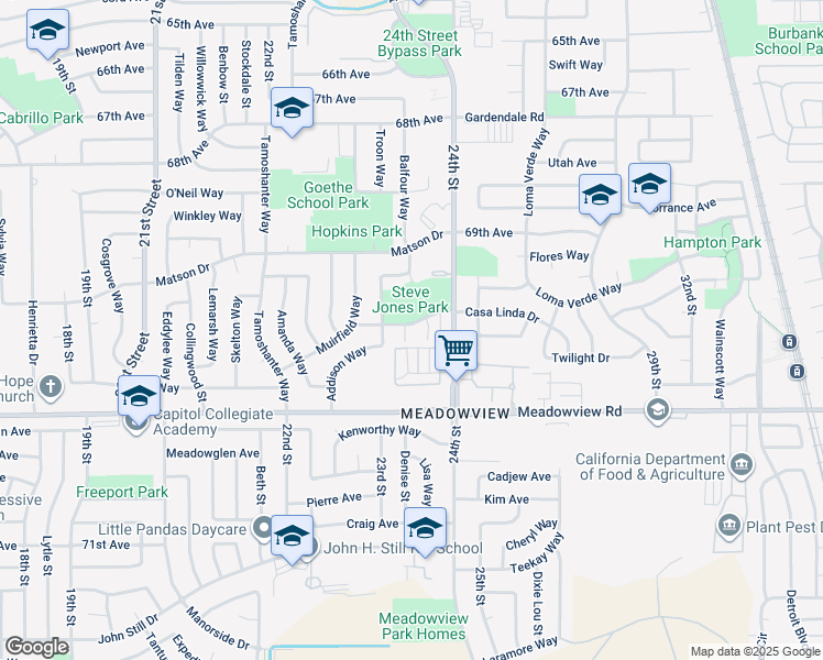 map of restaurants, bars, coffee shops, grocery stores, and more near 5 Casa Linda Court in Sacramento