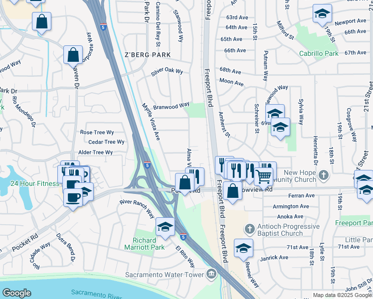 map of restaurants, bars, coffee shops, grocery stores, and more near 7536 Alma Vista Way in Sacramento