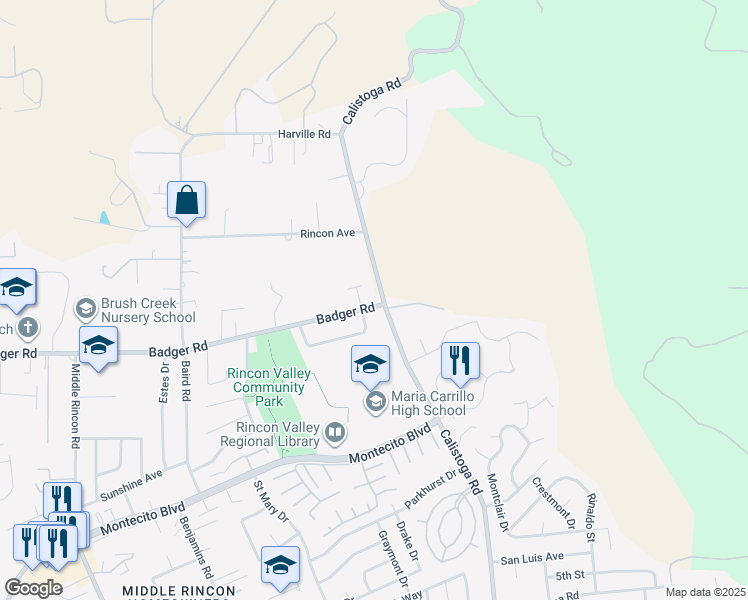 map of restaurants, bars, coffee shops, grocery stores, and more near 5331 Badger Road in Santa Rosa