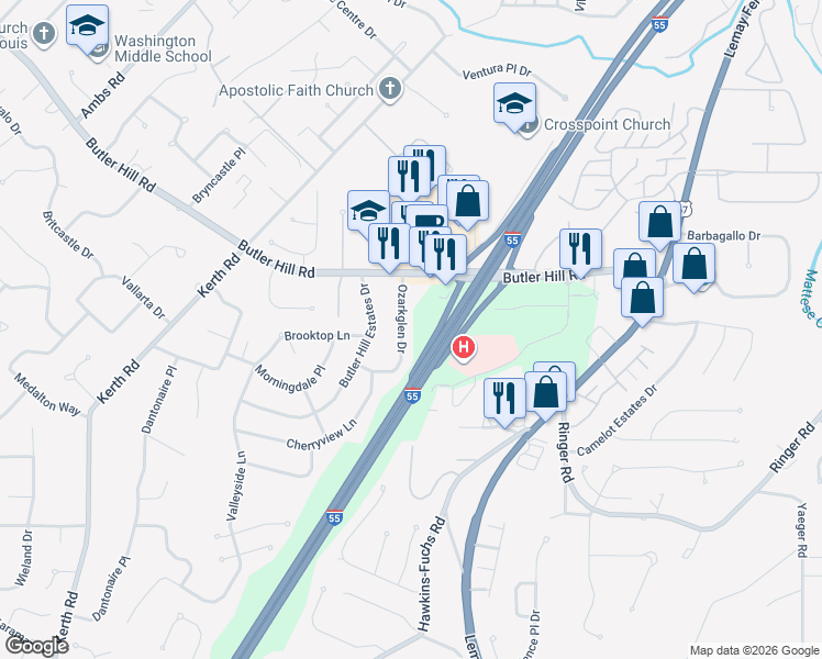 map of restaurants, bars, coffee shops, grocery stores, and more near 5252 Ozarkglen Drive in Saint Louis