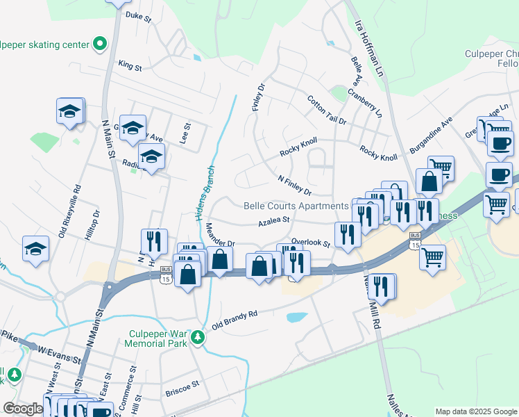 map of restaurants, bars, coffee shops, grocery stores, and more near 501 Barberry Street in Culpeper