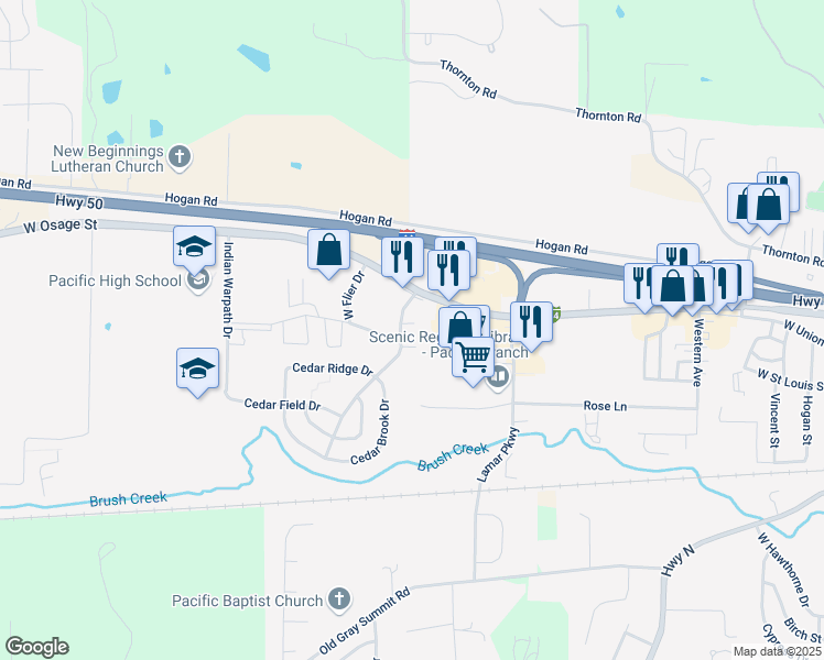 map of restaurants, bars, coffee shops, grocery stores, and more near 22 Cedar Crest Court in Pacific