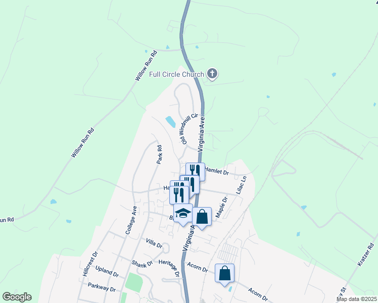 map of restaurants, bars, coffee shops, grocery stores, and more near 1209 Old Windmill Circle in Harrisonburg