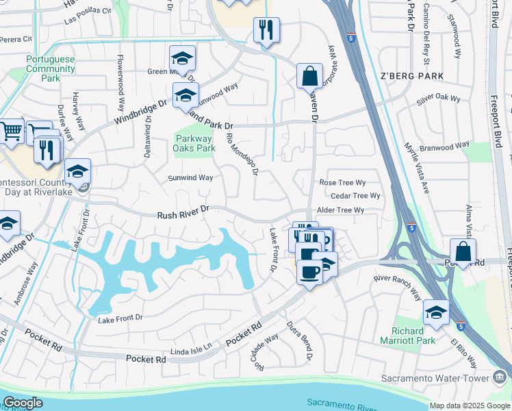 map of restaurants, bars, coffee shops, grocery stores, and more near 7524 Rio Mondego Dr in Sacramento