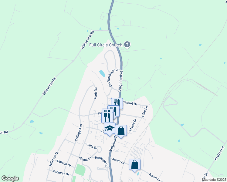 map of restaurants, bars, coffee shops, grocery stores, and more near 1209 Old Windmill Circle in Harrisonburg