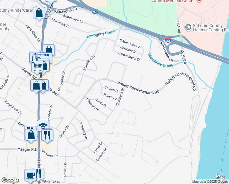 map of restaurants, bars, coffee shops, grocery stores, and more near 234 Toulon Drive in St. Louis