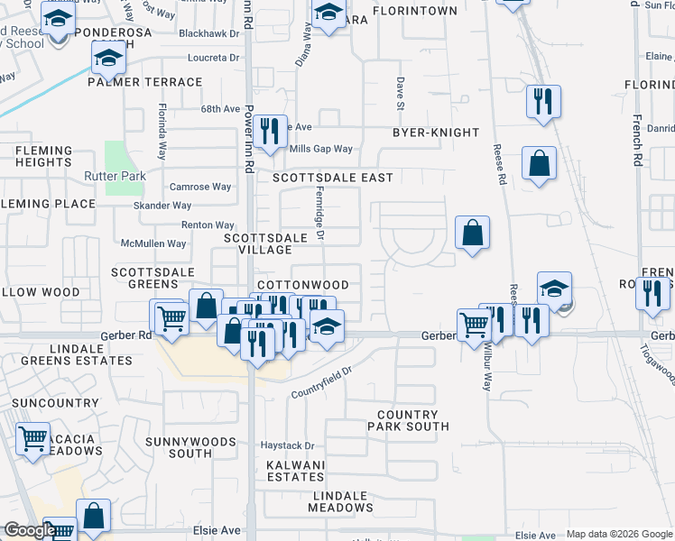 map of restaurants, bars, coffee shops, grocery stores, and more near 8220 Cottonglen Way in Sacramento