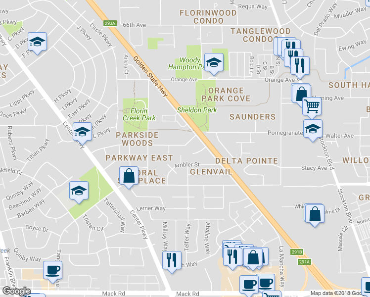 map of restaurants, bars, coffee shops, grocery stores, and more near 5826 Pomegranate Avenue in Sacramento