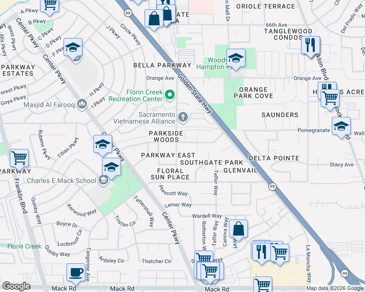 map of restaurants, bars, coffee shops, grocery stores, and more near 7509 Persimmon Avenue in Sacramento