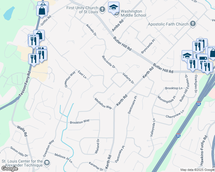 map of restaurants, bars, coffee shops, grocery stores, and more near 4503 Forest Valley Drive in St. Louis