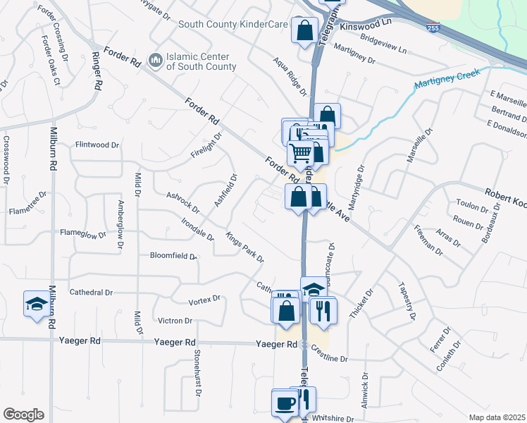 map of restaurants, bars, coffee shops, grocery stores, and more near 2533 Grayford Walk in St. Louis