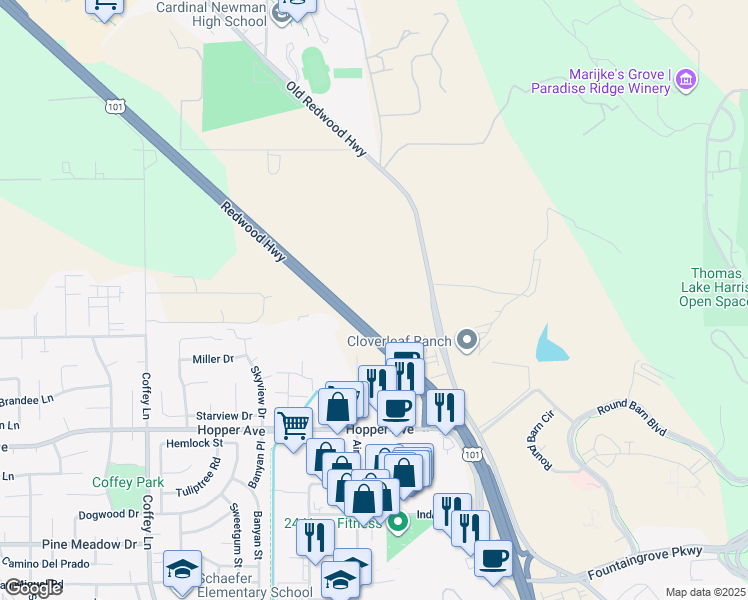 map of restaurants, bars, coffee shops, grocery stores, and more near 3975 Old Redwood Highway in Santa Rosa
