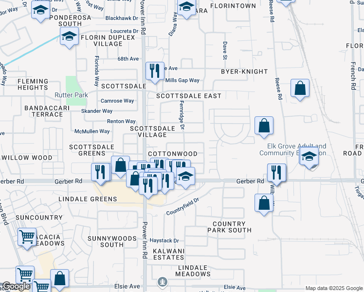 map of restaurants, bars, coffee shops, grocery stores, and more near 8101 Cottonridge Circle in Sacramento