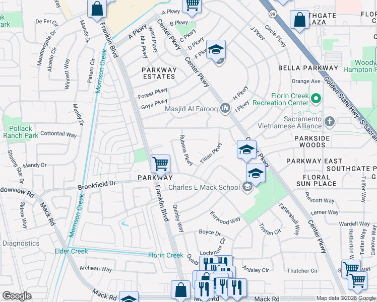 map of restaurants, bars, coffee shops, grocery stores, and more near 7525 Rubens Parkway in Sacramento