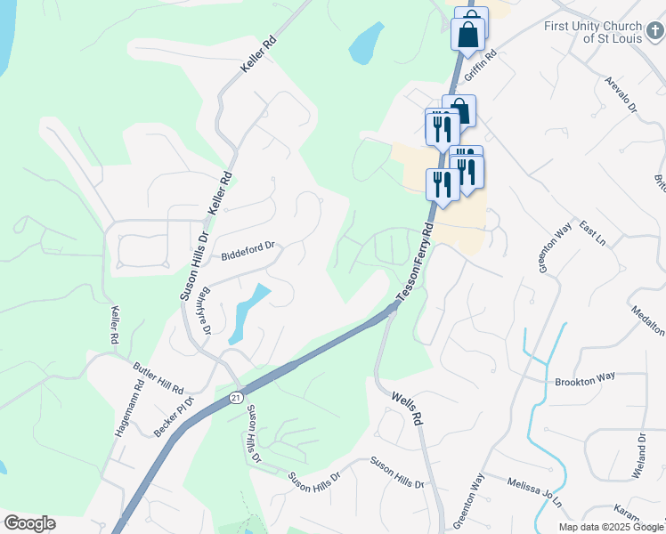map of restaurants, bars, coffee shops, grocery stores, and more near 5657 Golf Ridge Drive in St. Louis