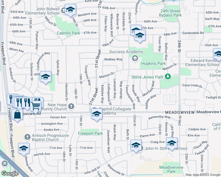map of restaurants, bars, coffee shops, grocery stores, and more near 7537 Collingwood Street in Sacramento