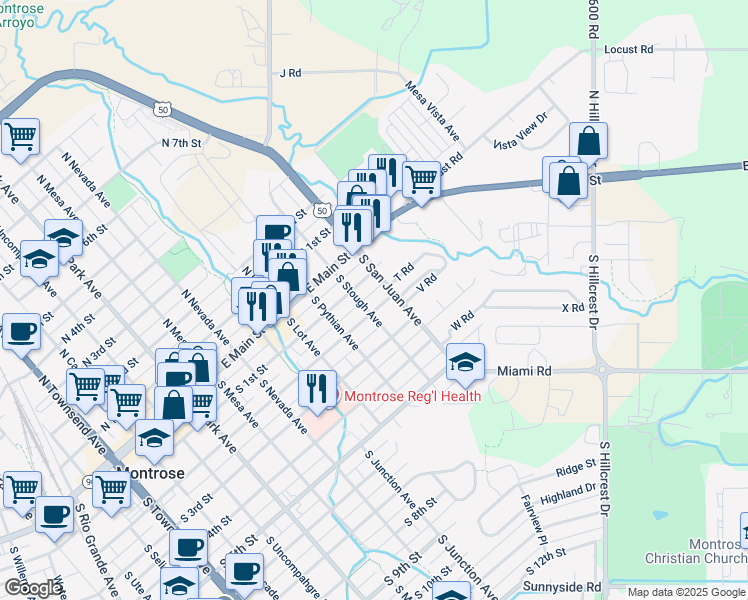 map of restaurants, bars, coffee shops, grocery stores, and more near 1209 South 2nd Street in Montrose