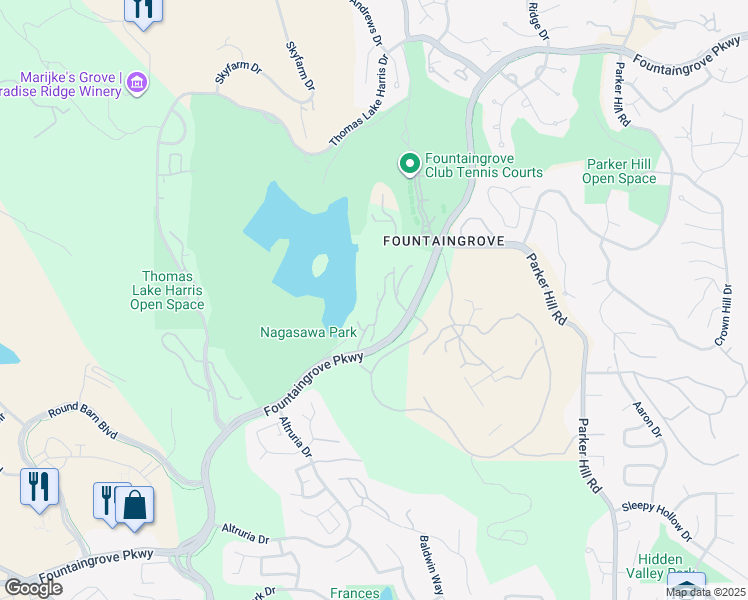 map of restaurants, bars, coffee shops, grocery stores, and more near 1409 Fountain Grove Parkway in Santa Rosa
