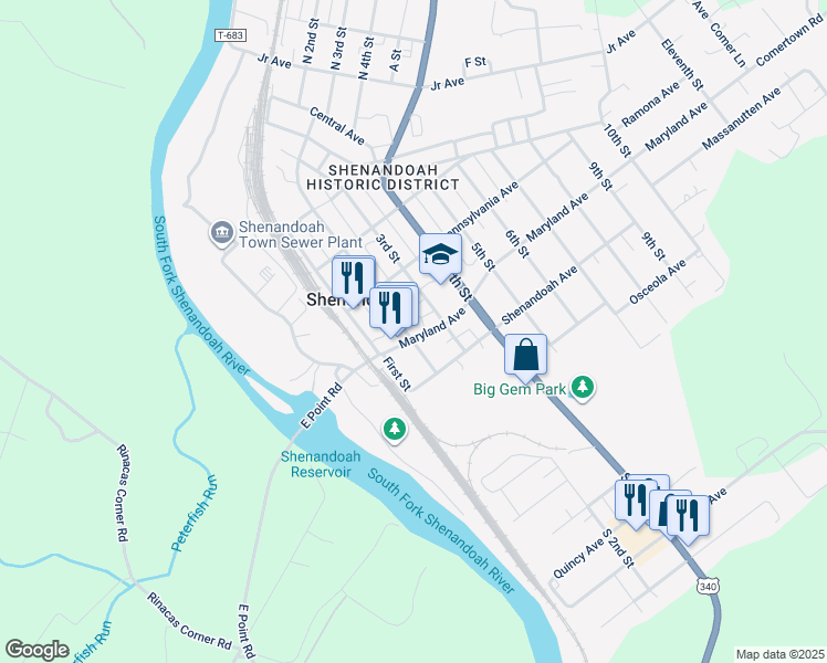 map of restaurants, bars, coffee shops, grocery stores, and more near 201 Maryland Avenue in Shenandoah