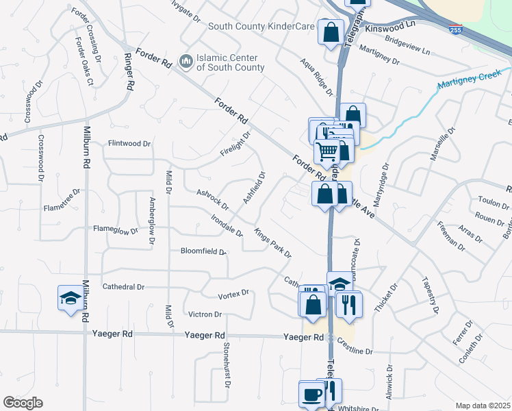 map of restaurants, bars, coffee shops, grocery stores, and more near 5169 Kings Park Drive in St. Louis
