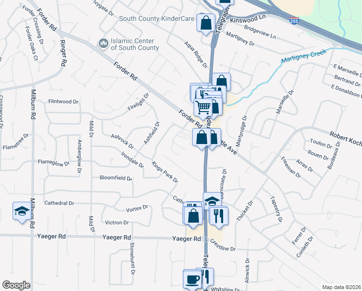 map of restaurants, bars, coffee shops, grocery stores, and more near 4472 El Paulo Court in St. Louis