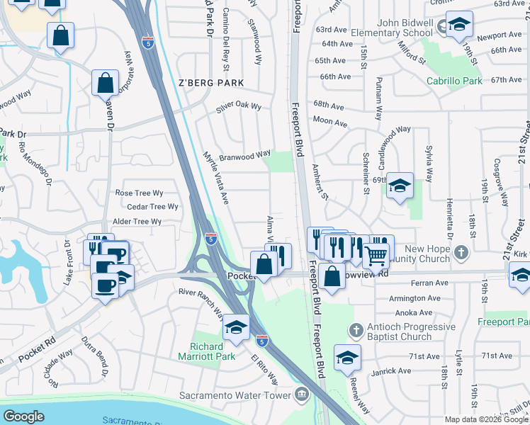 map of restaurants, bars, coffee shops, grocery stores, and more near 7536 Alma Vista Way in Sacramento